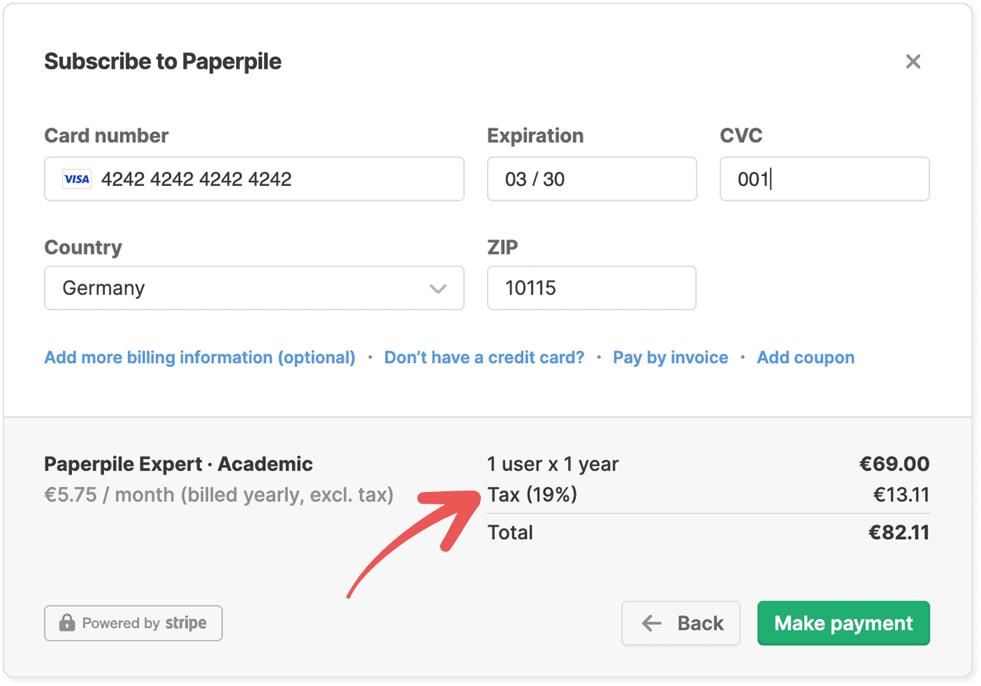 The “Subscribe to Paperpile” checkout with a red arrow pointing to the “Tax (19%) €13.11” line in the price summary, between the €69.00 subtotal and the €82.11 total.
